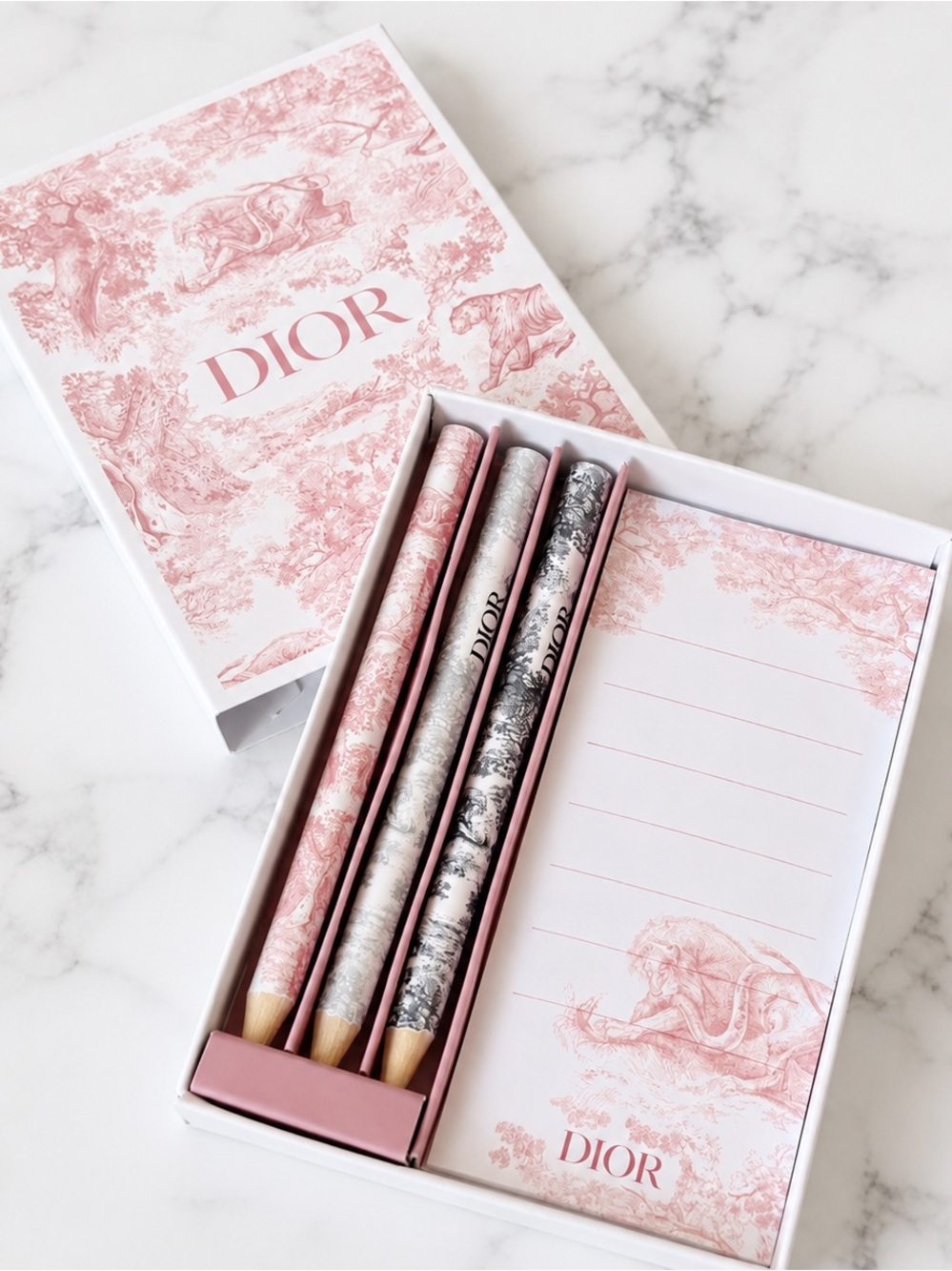 Dior Pink and Silver Toile Stationery Set